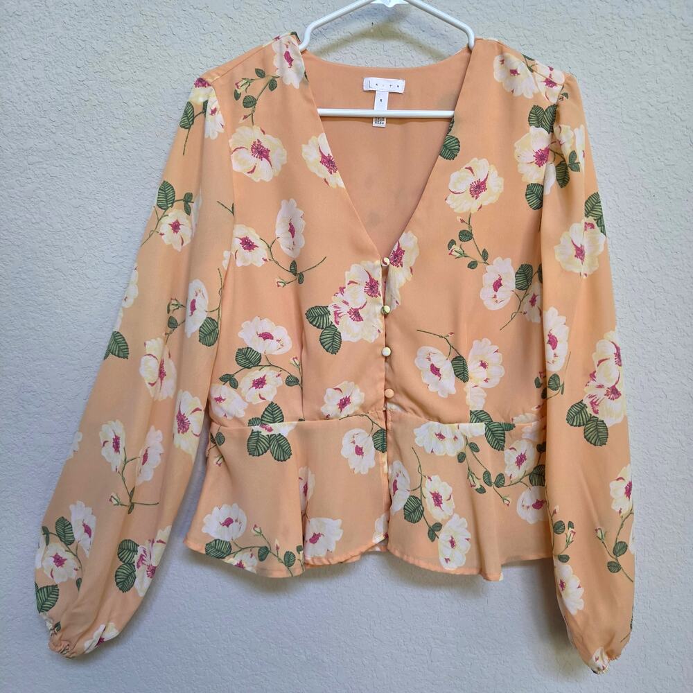 Leith Floral Blouse Womens Medium Peplum V-Neck Peach Apricot Balloon Sleeve